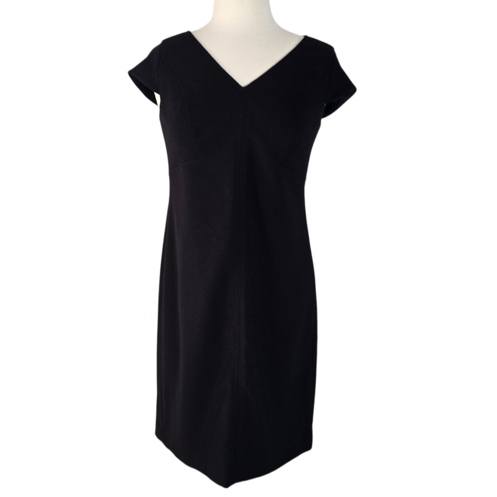 Talbots Petites Black V Neck Cap Sleeve Sheath Dress Size 8P Knee Length Classic